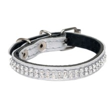The collar is two-layer leather with rhinestones, width 1 cm, Osh 16-22 cm, silver