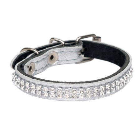 The collar is two-layer leather with rhinestones, width 1 cm, Osh 16-22 cm, silver