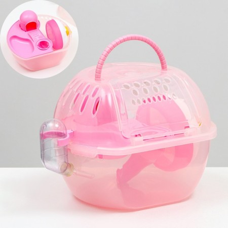 Carrier carrier carrier with a house, shelf, drinker, 29x23x23 cm, pink