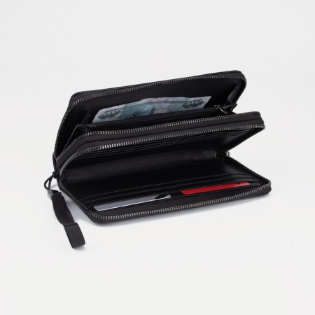 Male purse with zipper, department for bills, for maps, for coins, black color-3