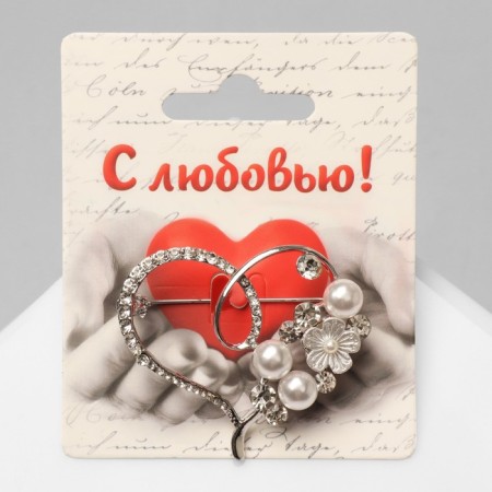 Brooch "Heart" Pearl, white color in silver-1