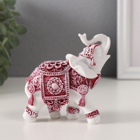 Souvenir Polystone "White Elephant. Burgundy Popon with Flower and Straza" 9x4.8x9.5 cm