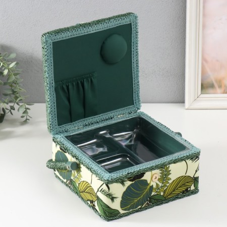 Casket for needlework "Tropical leaves on green" 20x20x11 cm-2