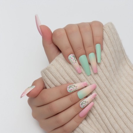 Sakura's overhead nails, 12 pcs, with glue plates, ballerina shape, pink/green color-9