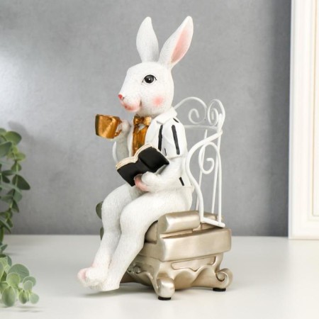 Souvenir Polystone "Hare in a chair with a book and a cup" 26x12x13.5 cm-3