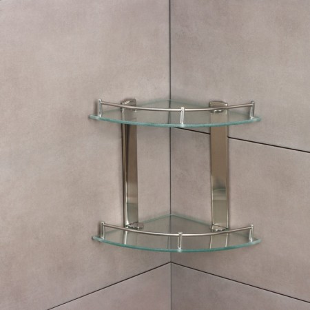 Bathroom shelf 2x-tier angular stall Stölz, 24 × 24 × 28 cm, stainless steel, glass-2