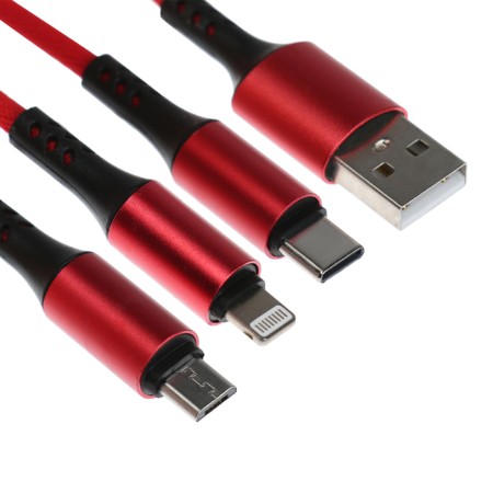 Cable keychain 3 in 1, microUSB/type -C/Lightning - USB, 2.4 A, red