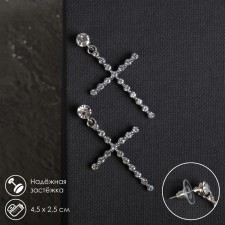 Earrings with rhinestones “crosses” with divisions, white color in silver