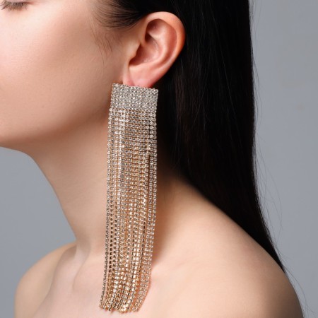 Hanging earrings with rhinestones "Waterfall" flowing, white color in gold, 16 cm-3