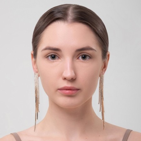 Hanging earrings with rhinestones "Waterfall" mini square, white color in gold, 14 cm-2