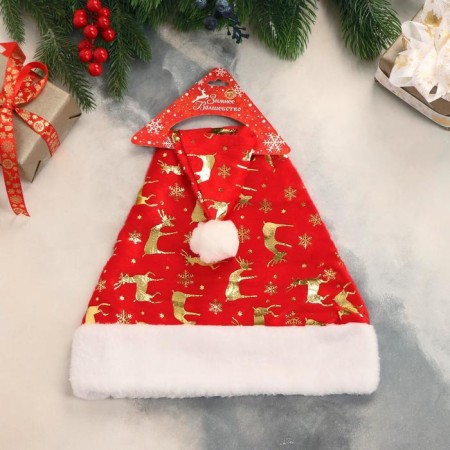 New Year's cap "deer and snowflakes" 29x40 cm, red-1