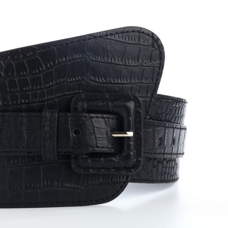 Women's belt, width 11 cm, leather buckle, black color-6