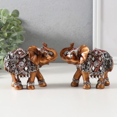Souvenir Polystone "Bronze Elephant in Silver Popone with Mirrors" 9.5x5x7 cm