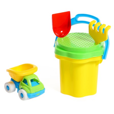 Set for playing in sand No. 106: bucket 0.3 l, sieve, scoop, rake, machine "Bublik"