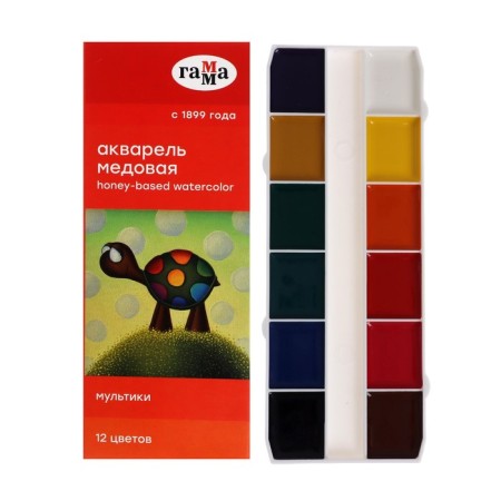 Watercolor 12 colors "Gamma" "Cartoons", honey, without brush, cardboard-1