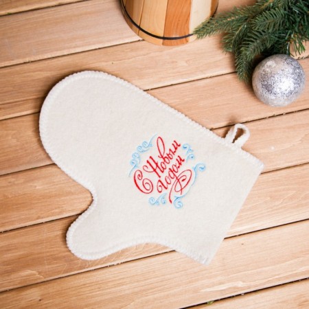 Mitten for a bath with embroidery "Happy New Year, with patterns"
