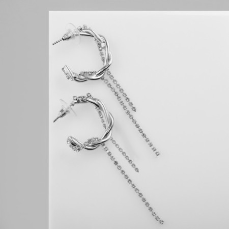 Hanging earrings with rhinestones "Rings" with pendants, white color in silver
