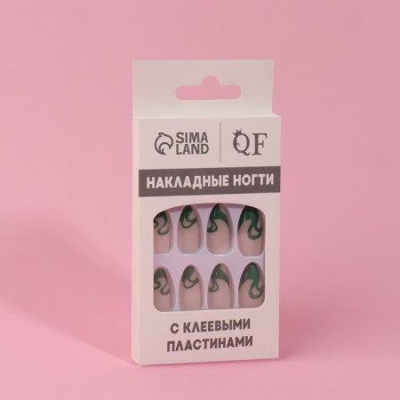 Pattern overhead nails, 24 pcs, with adhesive plates, almond shape, milk/green color-8