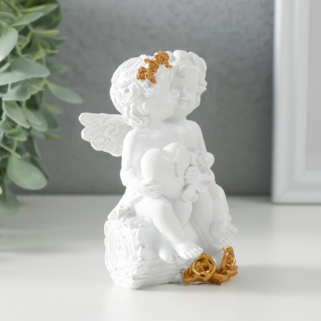 Polystone souvenir "Snow -white angels on a log - heart and key" 7.5x7x10.5 cm-1