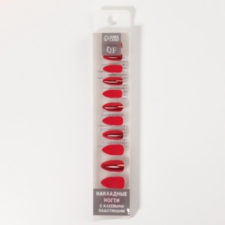 Patch nails, 12 pcs, with glue plates, almonds, red-3