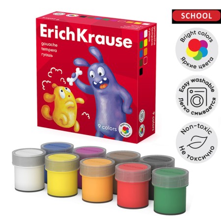 Gouache 9 colors x 20 ml, erichkrause "Jolly Friends", in cardboard packaging