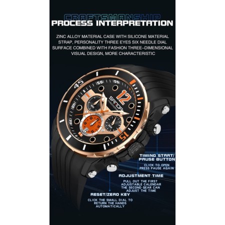 Watch of wrist, d-5.1 cm, waterproof, chronograph, silicone strap, luminous, black-2