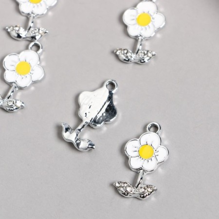 Decor for creativity metal, enamel, rhinestones "White flower" silver 1.3x2.2 cm