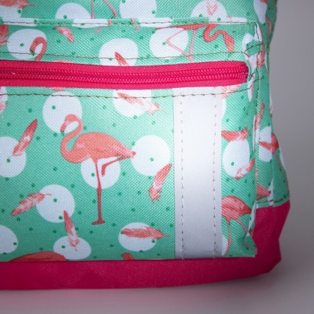 Baby backpack on a zipper, an external pocket, a reflective strip, turquoise color/pink color-7