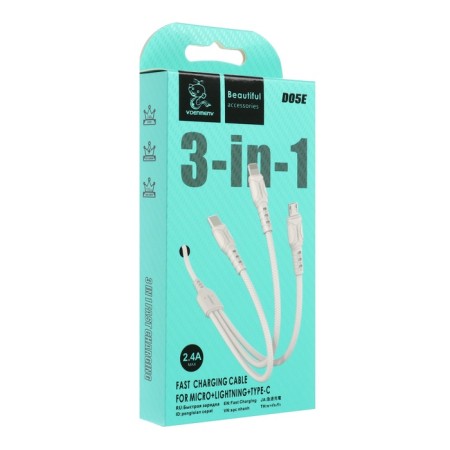 Cable D05E, 3 V 1, Type-C-Microusb-Lightning, 1 m, charging+data transfer, white-3