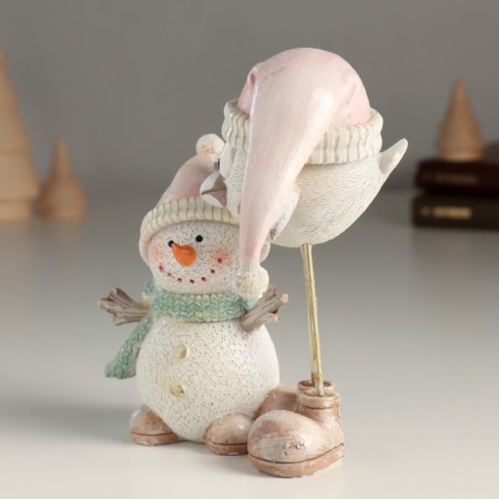 Souvenir Polystone "Snowman with a bird on high legs" 11x7.5x13 cm-3