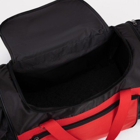 Road bag on a zipper, with an increase, 3 outer pockets, a long belt, black/red color-3
