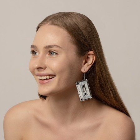 Acryl Earrings "Casset" inscription, color silver-4