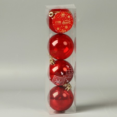 Set of balls plastic D-5.5 cm, 4 pcs "New Year's Fun" rhombus flower, red-1