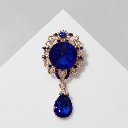 Obval brooch with a drop, the color is blue in gold-1