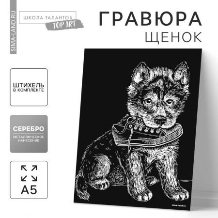 Engraving “puppy with a boot” with a metallic effect “silver” A5