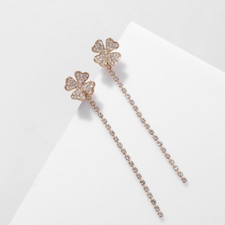 Hanging earrings with rhinestones "Four Liber", white color in gold