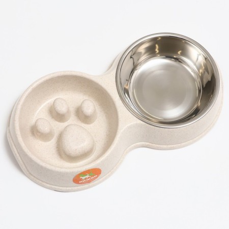 Double bowl for slow feeding 30.5 x 17 x 5 cm, beige-2
