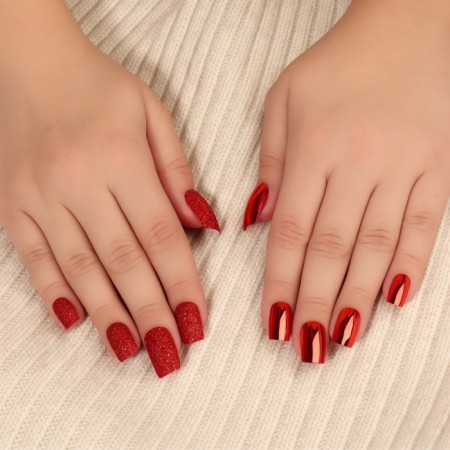 Patch nails, 12 pcs, with adhesive plates, a soft square shape, with sparkles, red-6