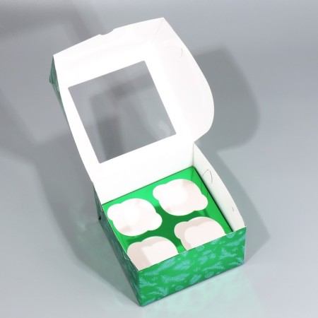 Folding box for 4 cupcakes with the Vetochka window, 16 x 16 x 10 cm, New Year-2