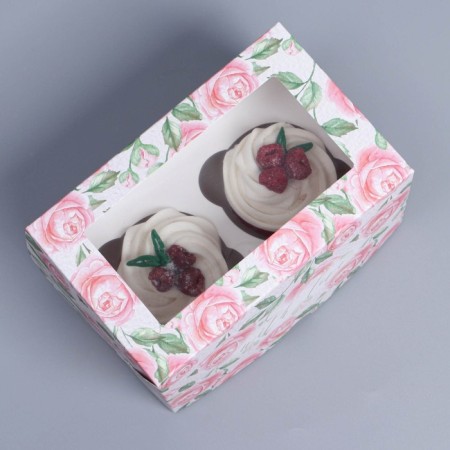 Capcake box, confectionery packaging with a window, 2 cells, "roses", 16 x 10 x 10 cm-3