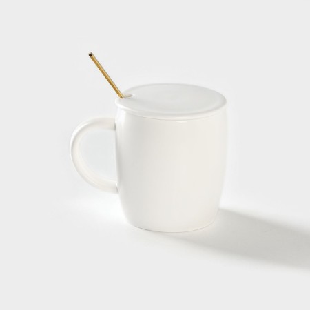 Ceramic mug with a lid and a spoon "Kitty", 350 ml, white color-4