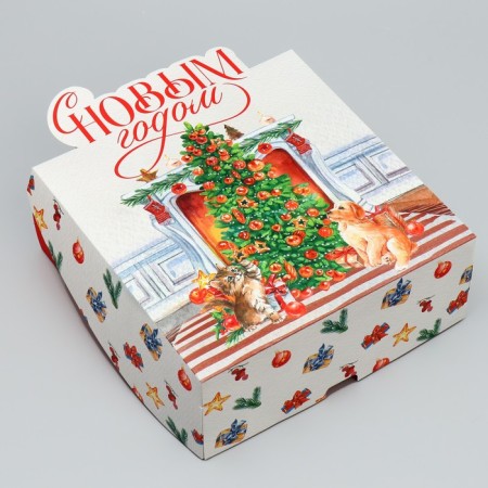 Folding box "Happy New Year", fireplace, 25 x 25 x 10 cm, new year-2