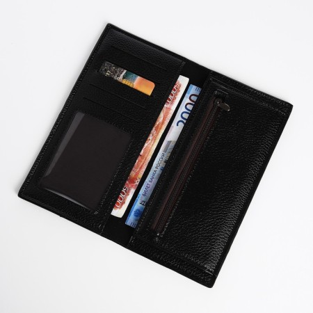 Male purse without fastener, department for bills, for maps, for coins, black color-3
