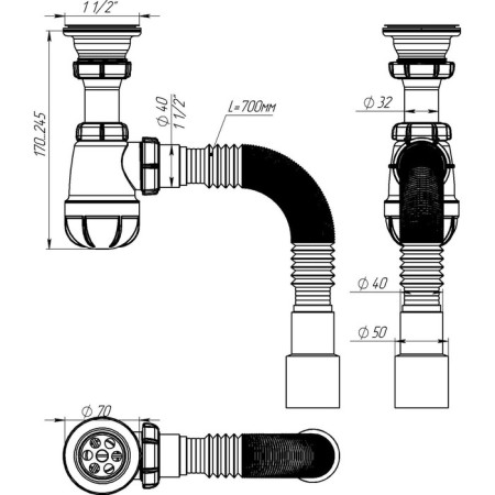 Siphon for washing Akvater, 1 1/2 "x 40 mm, small, with corrugated 40x40/50 mm-2