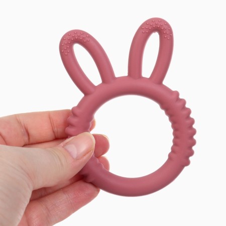 Silicone teether for teeth "Bunny", red color, crumb I-3