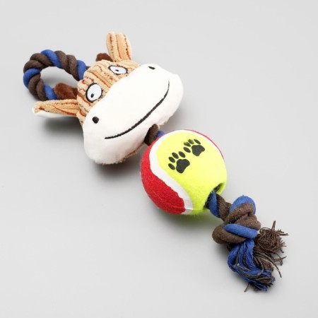 Toy for dogs 3-in-1 "cow": cable, soft with a squeak, felt ball, 30 cm-1