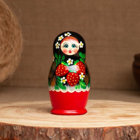 Nesting doll "strawberries", black scarf, 3 puppet, 10 cm-2