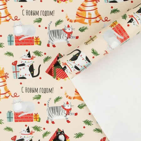 Glossy packaging paper "New Year's cats", 70 x 100 cm, New Year-1