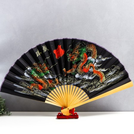 Fan bamboo, textile h = 50 cm "dragons" black