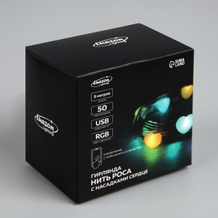 Smart garland “thread” 5 m dews with nozzles “hearts”, IP20, silver thread, 50 LED, remote control, application, glow RGB, USB-10